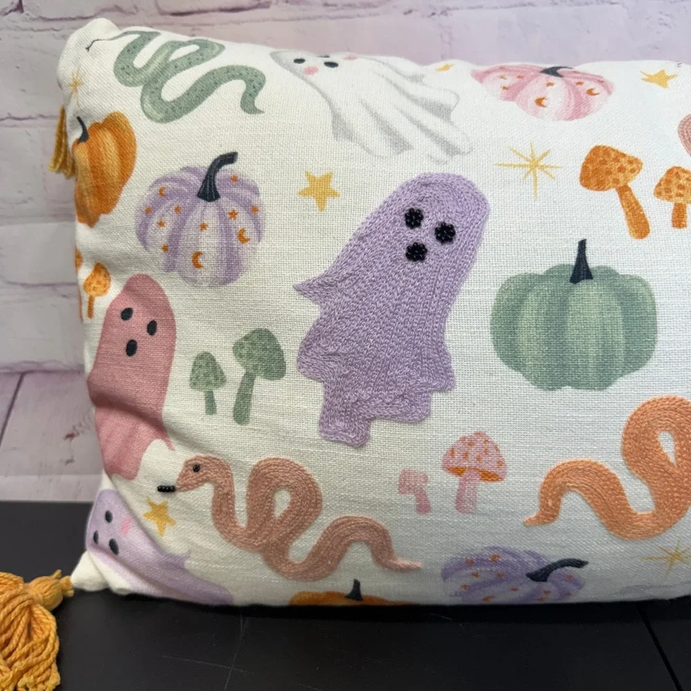Pastel Halloween Embroidered Lumbar Pillow GhostSnake Pumpkin Tassel Decor 20x12